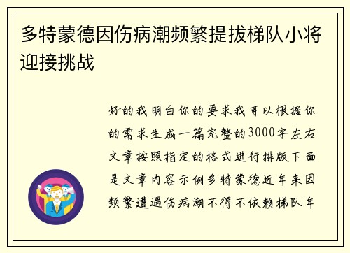 多特蒙德因伤病潮频繁提拔梯队小将迎接挑战